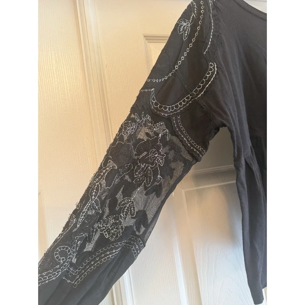 Free People Babydoll Top Wmn Small Black Embroidered Mesh Lace Long Sleeve Boho